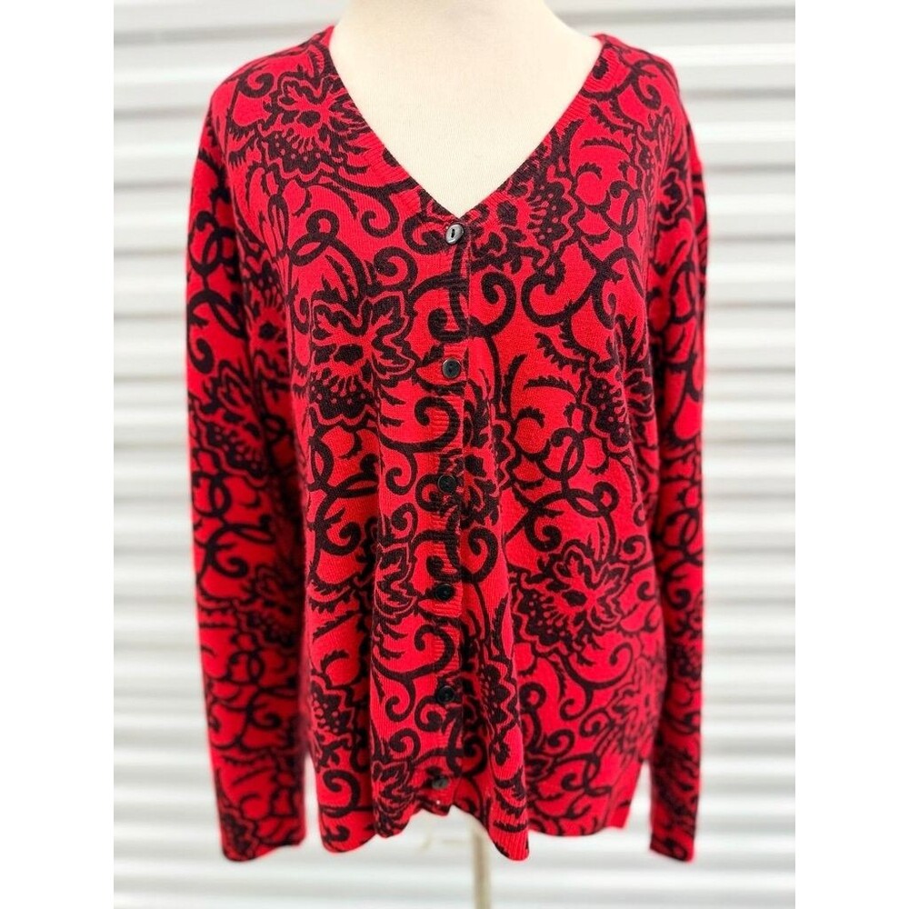 Sag Harbor Red and Black Patterned Cardigan Sweater